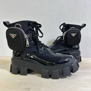 Prada Lackleder Re-Nylon Combat Monolith Boots Stiefelette Schwarz EU 39 US 8 - Bild 1 von 18