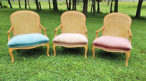 Vintage Upholstered Chairs With Cane Backs - Set Of 3 Cover