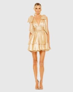 Mac Duggal OVERSIZED BOW DEEP V RUFFLE MINI DRESS in Gold NEU Neu mit Etikett - Bild 1 von 10