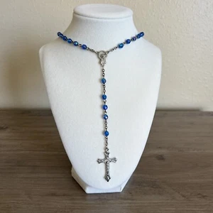 Rosary Cross Silver Tone Iridescent Blue Bead Virgin Mary Center Necklace - Picture 1 of 9
