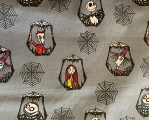 Nightmare Before Christmas Fabric - Badges On Gray - 100% Cotton - BTY - Picture 1 of 2