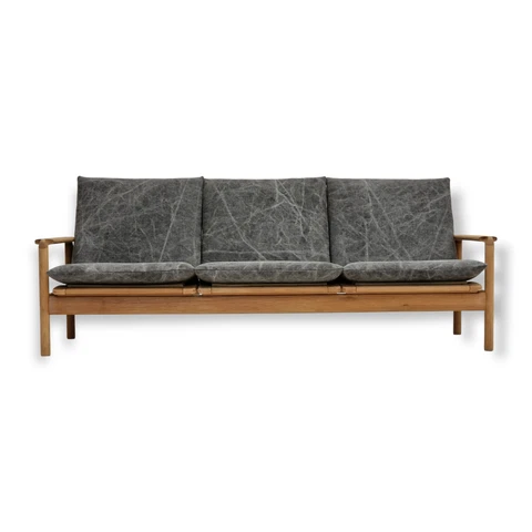 70s, Danish design, renovated 3 seater sofa, linen furniture fabric, oak wood Cover