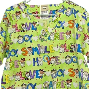 Cottonality Scrub Top S Green Medical Uniform Doctor Nurse Hearts Joy Hope Love - Picture 1 of 4