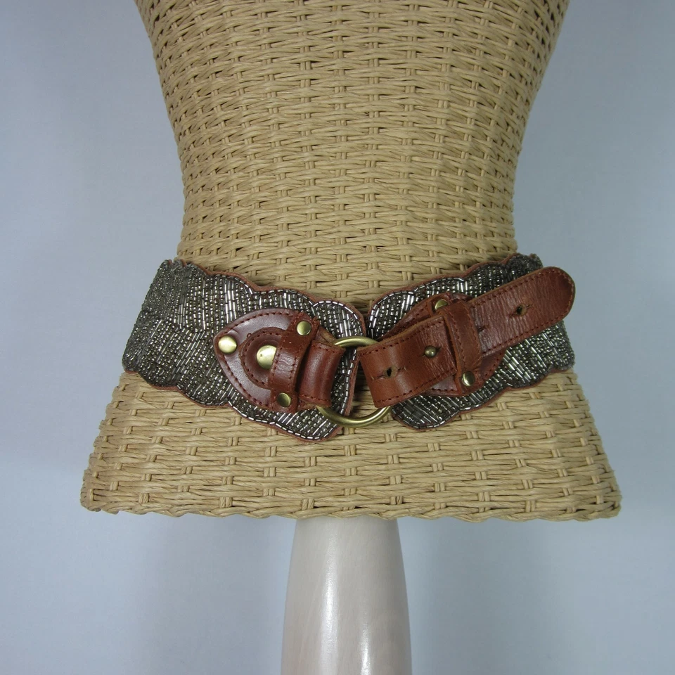 Sin Marca Mujer XS - Pequeño Cinturón Boho Cuero Marrón Plateado Cuentas 27" - 28" Foto 1 de 4