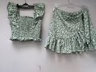 Shein Skirt Vest Co-Ord Outfit Girls Age 8-9 Green Floral Wrap Frill Elasticated