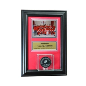 Wall Mounted Hockey Puck Case with 5x7 and Engraving Plate for Individual Award - Picture 1 of 5