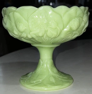 Fenton Water Lily Footed Dish Glossy Custard Green Translucent Vaseline Glass - Picture 1 of 19