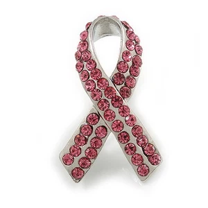 Pink Crystal Breast Cancer Awareness Ribbon Pin In Rhodium Plating - 37mm Length - Picture 1 of 4
