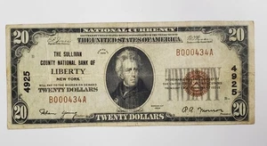 LOW SERIAL 1929 $20 LIBERTY New York, Sullivan County National Currency Banknote - Picture 1 of 7