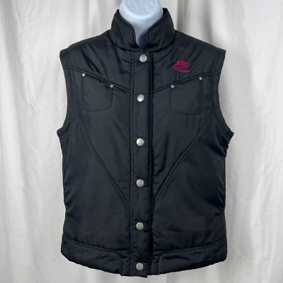 复古 Y2K Nike Sportswear 女式中号黑色/粉色隔热纽扣背心 — 第 1/4 张图片