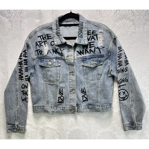 Pre-Loved -  Blue Graffiti Jacket - Trendy Distressed Style - Women - See Images - Picture 1 of 16