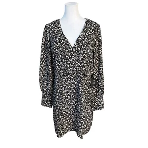 Lulus Floral Prairie Long Sleeve Mini Faux Wrap Dress XL Black Girly Danty NWT - Picture 1 of 13