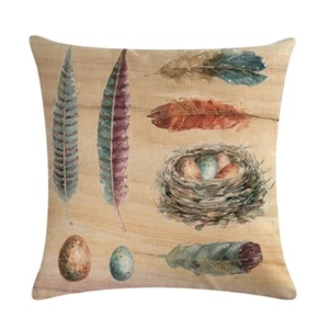 Funda de almohada de lino Boho de pluma y nido de pájaro 17"" X 17"" cuadrada, cremallera, nueva - Imagen 1 de 2