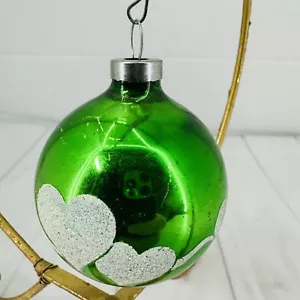 Christmas Tree Ornament Blown Glass Round Mica Hearts Green Ball 3" - Picture 1 of 19