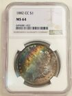 1882-CC NGC MS64 Morgan Silver $1, Beautiful Vibrant Rainbow Progression Toning!