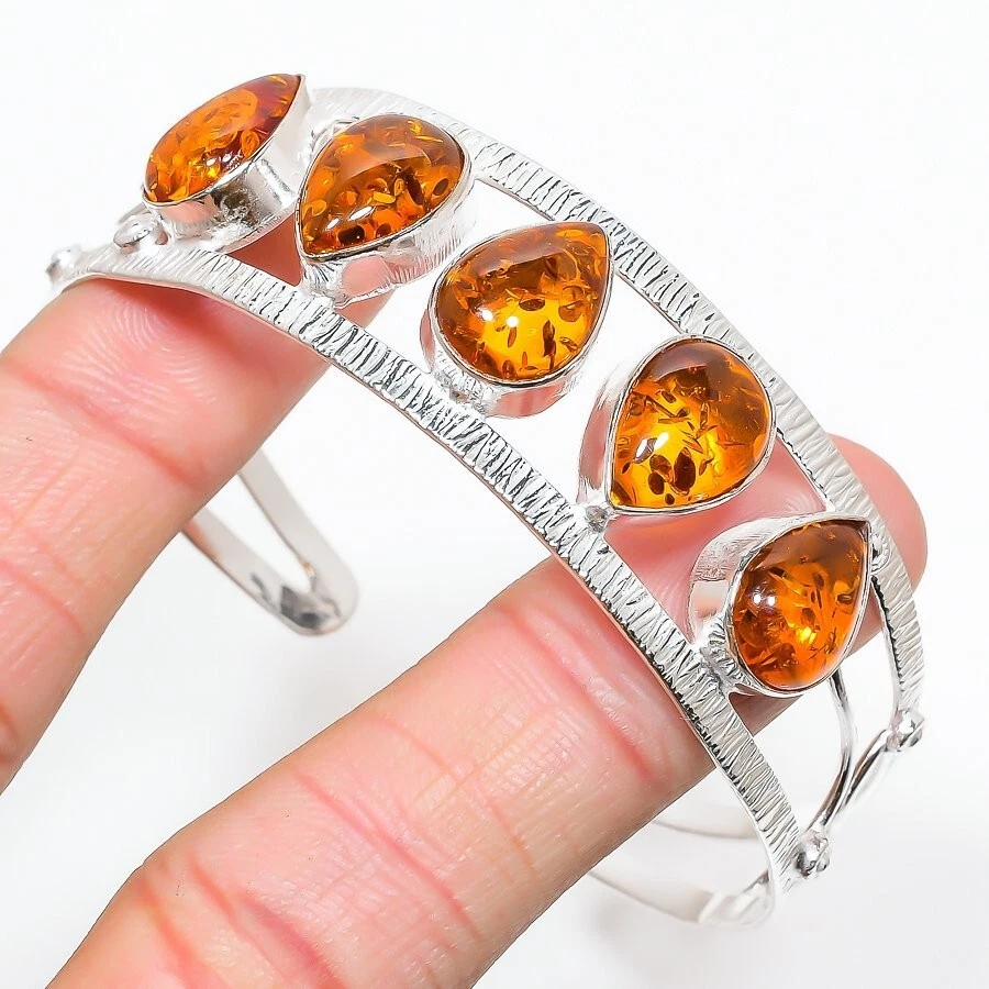 Bracelete ajustável de prata esterlina 925 com pedra preciosa âmbar do Báltico - Imagem 1 de 1