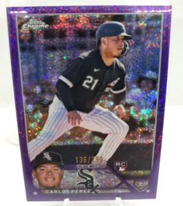 2023 Topps Chrome Carlos Perez Purple Speckle Rookie RC #ed 136/299 White Sox - Picture 1 of 4