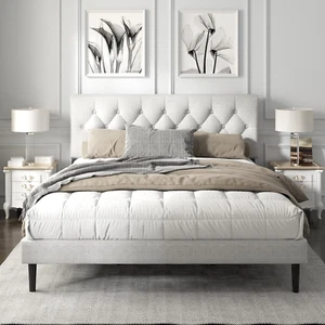 King Size Platform Bed Frame with Upholstered Button Tufted Headboard, Mattress - Picture 1 of 6