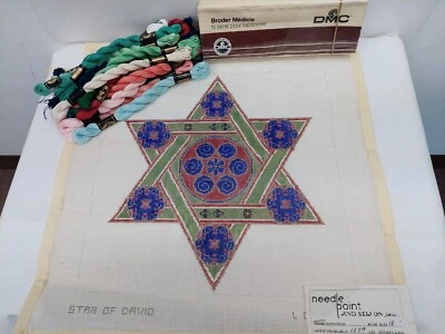 Handpainted Cross Stitch Canvas Star Of David by L. Caron + DMC Floss 16x16 VTG - Image 1 of 4
