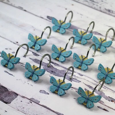 Anillos de cortina de ducha mariposa ganchos cantidad 12 mariposas azul y amarillo Foto 1 de 4