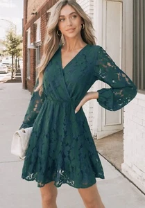 Cupshe Floral Lace Long Sheer Sleeve Boho Beachy Girly Mini Dress Green Teal L - Picture 1 of 11