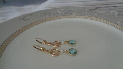 Gold Ohrringe Blautopas und Perle 14K GF - Bild 1 von 4