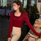 Solid Color Knit Pullovers Square Collar Long Sleeve Sweater  Daily