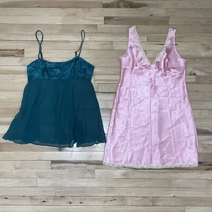 Lot Of 2 Victoria's Secret Satin Chiffon Teddy Dress Satin Nightie Teal Pink - Picture 1 of 6