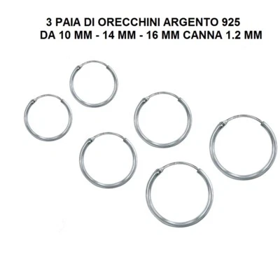 STOCK 3 COPPIE, 10/14/16 MM, ORECCHINI ARGENTO 925 CERCHIETTO, CERCHIO LISCIO  - Immagine 1 di 3