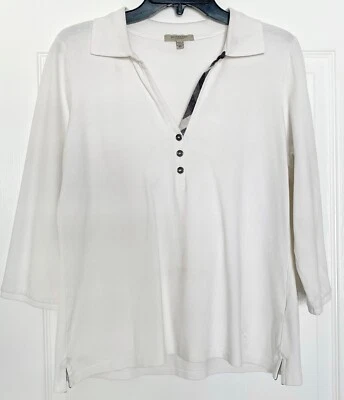 BURBERRY LONDON White Metallic Plaid Button V-Neck 3/4 Sleeve Polo Shirt Top XL - Image 1 of 4