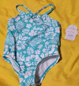 NWT Wonder Nation Girl's 1-Piece Swimsuit green & white flowers 18 mos, 2T, 4T - Picture 1 of 4
