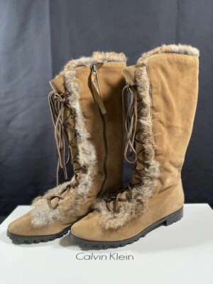 Calvin Klein Womens 'Lindsey' Rabbit Fur Trim Suede Lace up Boots  8.5 Pumice - Image 1 of 4