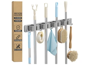 Wall-Mounted Broom Mop Holder – Storage Organizer Rack with 4 Slots & 5 Hooks - Picture 1 of 9