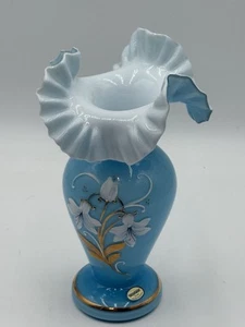 Bohemian Glass Vase Hand Painted Ruffled Rim Hand Blown, Flowers 9.75” - Picture 1 of 9