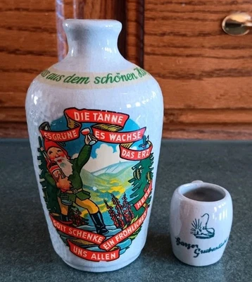 Vintage Stoneware Pottery Liquor Jug .075 L Harzer Grubenlicht Germany With Cup  - Image 1 of 4