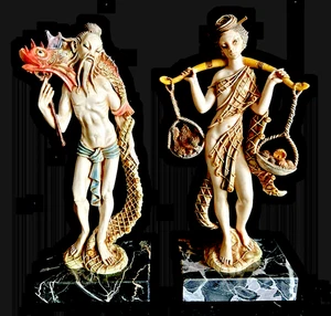 Chinoiserie Mann & Frau Figuren mit Carrara Marmorsockel Italien 8,5" groß - Bild 1 von 21