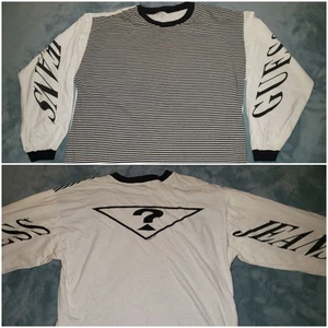 Vintage 80/90s Guess Jeans Shirt Mens XL White Black Striped Long Sleeve USA - Picture 1 of 6