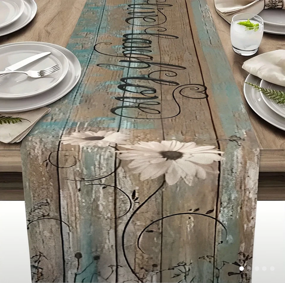 Rustic Daisy & Sunflower Linen Table Runner "Live Laugh Love" Wood Board Design - Image 1 of 4