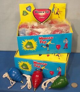 Store Display Box of 24 ~ Old Wood Spinning Tops ~ 1950s Classic Toy with String