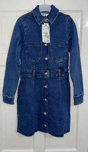 ZARA BLUE DENIM COLLARED BALOON SLEEVES MINI SHIRT DRESS WITH POCKETS SIZE M NEW - Picture 1 of 8