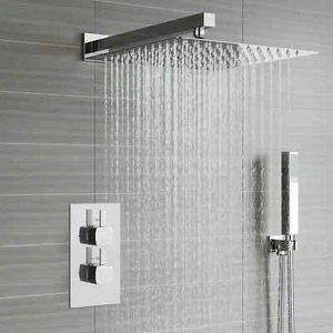 Concealed Thermostatic Shower Mixer Square Chrome Bathroom Twin Head Valve Set - Picture 1 of 17
