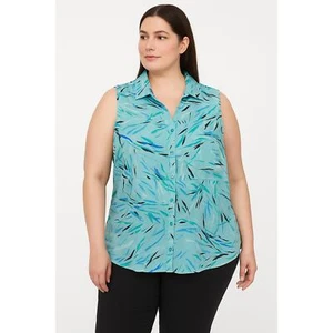 Lane Bryant Bluse Damen 20 türkis transparent ärmellos Kragen Knopfleiste gemustert - Bild 1 von 12