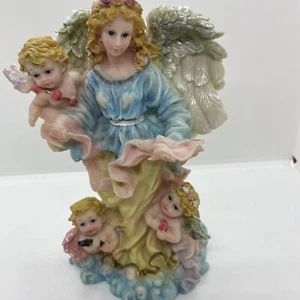 Heavy Resin Celestial Angel Figurine Holding 3 Baby Angels Multicolored - Picture 1 of 11