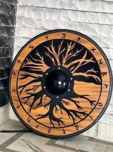 Escudo vikingo nórdico medieval tallado en madera redondo adorno celta batalla 24"" - Imagen 1 de 5