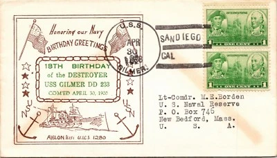 KAPPYS NC134  US NAVY COVER USS GILMER DD 233 18TH BIRTHDAY 4-30-38 - Image 1 of 2