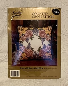 Candamar Designs Roses with Blue & Gold Pillow Cross Stitch Kit 14 x14 - Picture 1 of 4