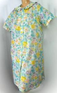 Vintage 1960s Robe Models Coat Duster Blue Yellow Floral XL Volup Snap Front - Picture 1 of 8