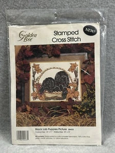 Golden Bee Stamped Cross Stitch Kit 20433 Black Lab Puppies Autumn Floral Basket - Picture 1 of 6