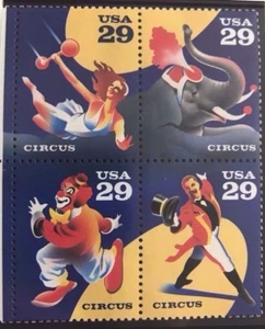 ZIRKUS - VIERERBLOCK 29 CENT BRIEFMARKEN - 1993 USPS POSTFRISCH - Bild 1 von 3