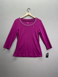 Style&Co Womens Pink T-Shirt Rhinestoned Long Sleeve Scoop NWT Neck Size L - Picture 1 of 11